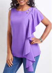 Purple Round Neck Sleeveless Ruffle Blouse