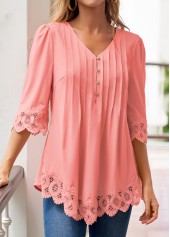 Tuck Stitch Pink 3/4 Sleeve V Neck Blouse