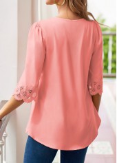 Tuck Stitch Pink 3/4 Sleeve V Neck Blouse