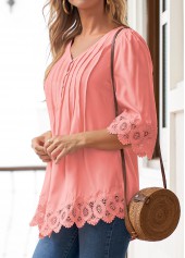 Tuck Stitch Pink 3/4 Sleeve V Neck Blouse