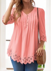 Tuck Stitch Pink 3/4 Sleeve V Neck Blouse
