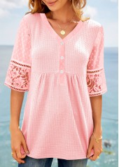 Lace V Neck Pink Half Sleeve Blouse