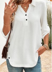 Button White 3/4 Sleeve Shirt Collar Blouse
