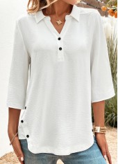 Button White 3/4 Sleeve Shirt Collar Blouse