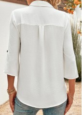 Button White 3/4 Sleeve Shirt Collar Blouse