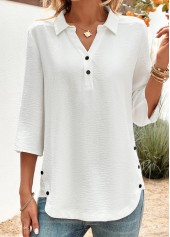 Button White 3/4 Sleeve Shirt Collar Blouse