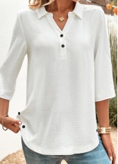 Button White 3/4 Sleeve Shirt Collar Blouse