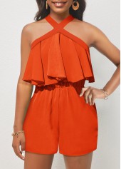 Ruffle Sleeveless Orange Short Cross Collar Romper