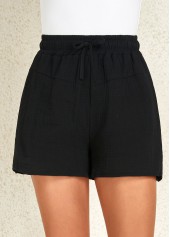 Black Regular Elastic Waist High Waisted Drawstring Shorts