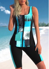 Tropical Plants Print Zipper Cyan Tankini Set