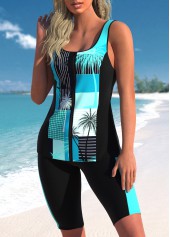 Tropical Plants Print Zipper Cyan Tankini Set