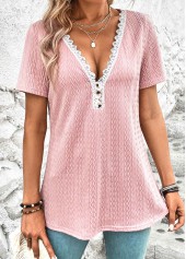 Pink V Neck Short Sleeve Twisted T Shirt