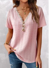 Pink V Neck Short Sleeve Twisted T Shirt