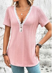 Pink V Neck Short Sleeve Twisted T Shirt