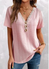Pink V Neck Short Sleeve Twisted T Shirt