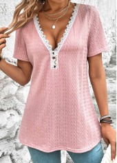 Pink V Neck Short Sleeve Twisted T Shirt