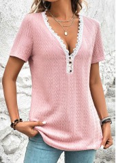 Pink V Neck Short Sleeve Twisted T Shirt
