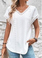 Lace V Neck White Short Sleeve T Shirt