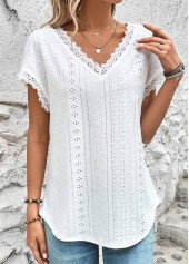 Lace V Neck White Short Sleeve T Shirt