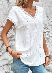 Lace V Neck White Short Sleeve T Shirt