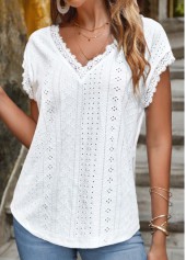 Lace V Neck White Short Sleeve T Shirt