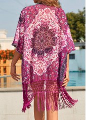 Floral Print Tassel Dark Reddish Purple Cover Up