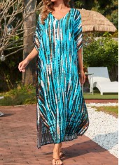 Side Slit Tie Dye Print Cyan Cover Up Dress