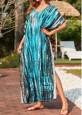 Side Slit Tie Dye Print Cyan Cover Up Dress