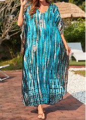 Side Slit Tie Dye Print Cyan Cover Up Dress
