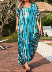 Side Slit Tie Dye Print Cyan Cover Up Dress