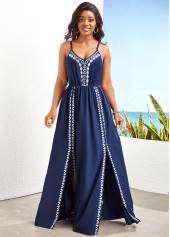 Tribal Print Split Navy H Shape Maxi Dress