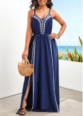 Tribal Print Split Navy H Shape Maxi Dress