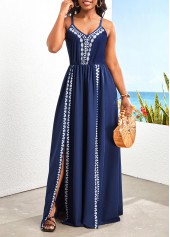 Tribal Print Split Navy H Shape Maxi Dress
