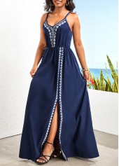 Tribal Print Split Navy H Shape Maxi Dress