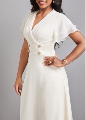 Beige V Neck Short Sleeve Button Dress