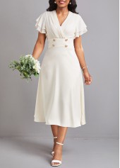 Beige V Neck Short Sleeve Button Dress