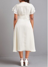 Beige V Neck Short Sleeve Button Dress