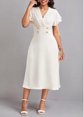 Beige V Neck Short Sleeve Button Dress