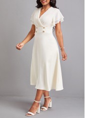 Beige V Neck Short Sleeve Button Dress