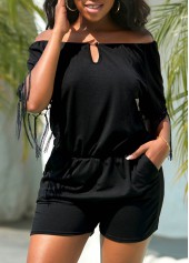 Tassel Black Short Off Shoulder Half Sleeve Romper
