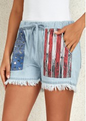 Flag Print Pocket Dusty Blue Regular Drawastring Jeans