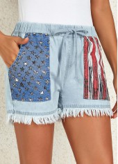 Flag Print Pocket Dusty Blue Regular Drawastring Jeans