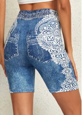 Denim Blue Skinny Elastic Waist Tribal Print Shorts