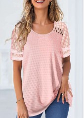 Patchwork Round Neck Pink Short Sleeve T Shirt