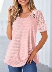 Patchwork Round Neck Pink Short Sleeve T Shirt