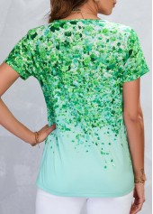 Leaf Print Lightweigh Green V Neck T Shirt