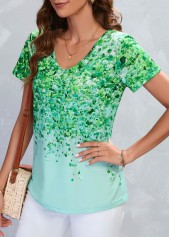 Leaf Print Lightweigh Green V Neck T Shirt