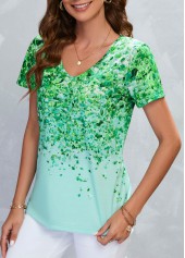Leaf Print Lightweigh Green V Neck T Shirt