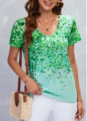 Leaf Print Lightweigh Green V Neck T Shirt