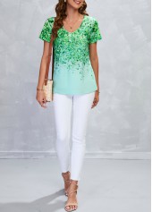 Leaf Print Lightweigh Green V Neck T Shirt
